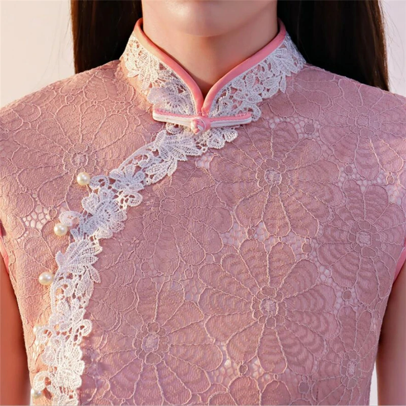 Для женщин Жемчуг кружево китайское платье Qipao Лето 2019 г. короткие дизайнерские