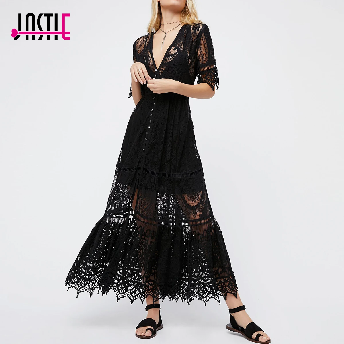 Jastie винтажное цветочное вязаное кружевное платье Boho Flowy Midi платья платье с v-образным вырезом на пуговицах с коротким рукавом женское платье платья с подкладкой