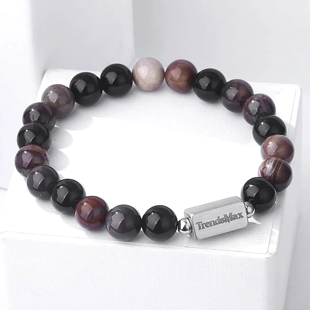 10mm Mens Bracelets Petrified Wood Natural Onyx Stone Stretch Stainless Steel Bead for Men LTBB0020210MM_9 | Украшения и