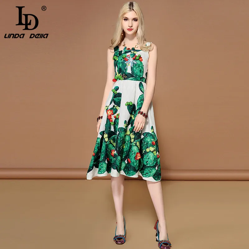 Cuerly 2019 Fashion Summer square collar Dress Women's Sleeveless Crystal Beading Green plant Cactus Printed Casual Dresses | Женская
