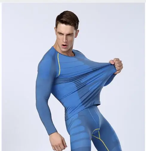 blue top Мужская Облегающая рубашка с длинными рукавами для бодибилдинга, леггинсы, костюм, компрессионный, быстросохнущий, для фитнеса, мужской, впитывающий, Высокоэластичный, комплект одежды - Цвет: blue top
