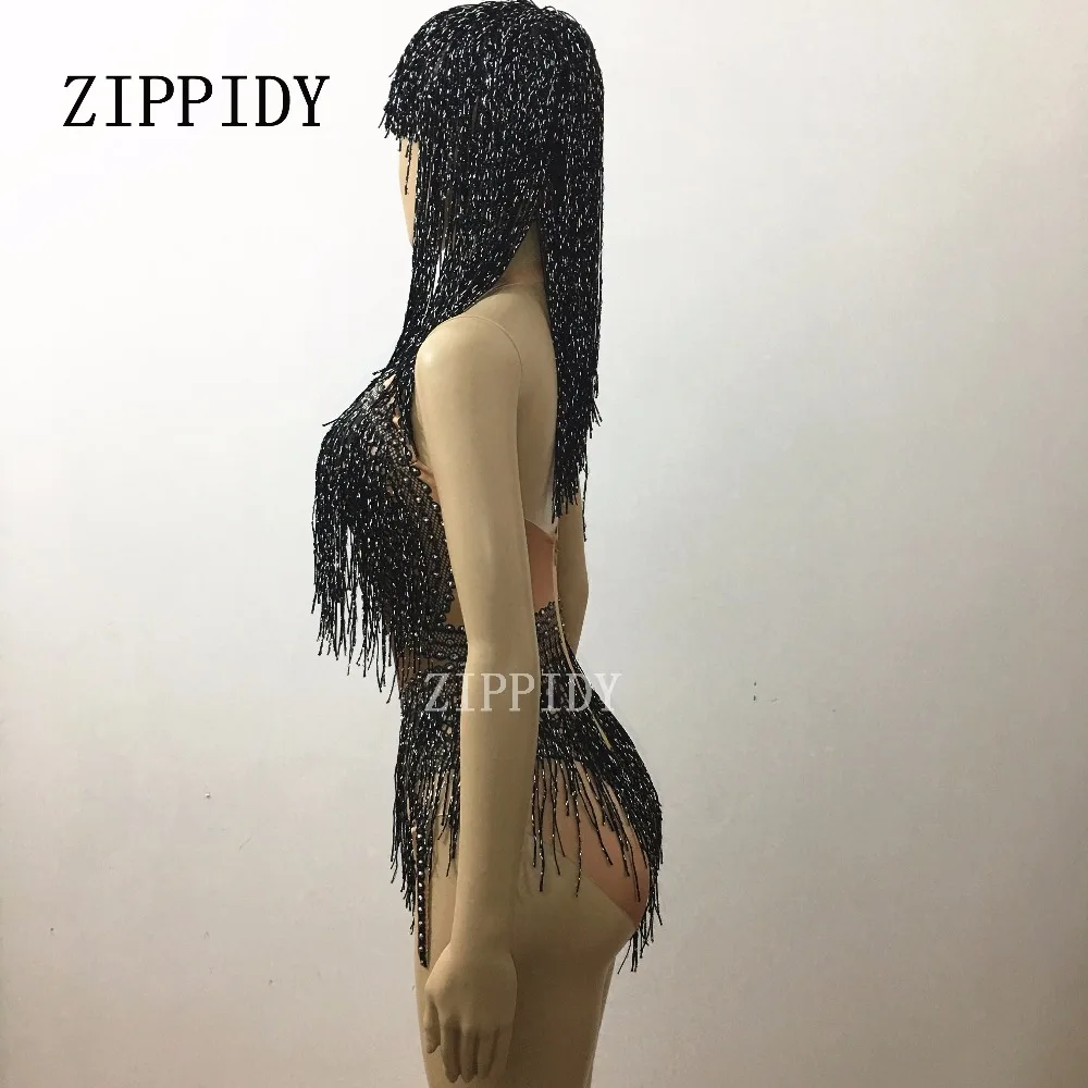 Shining Black Tassel Bodysuit Nigthclub Rhinestones Outfit Glisten stones One-piece Headpiece Costume Stage Leotard Headdress