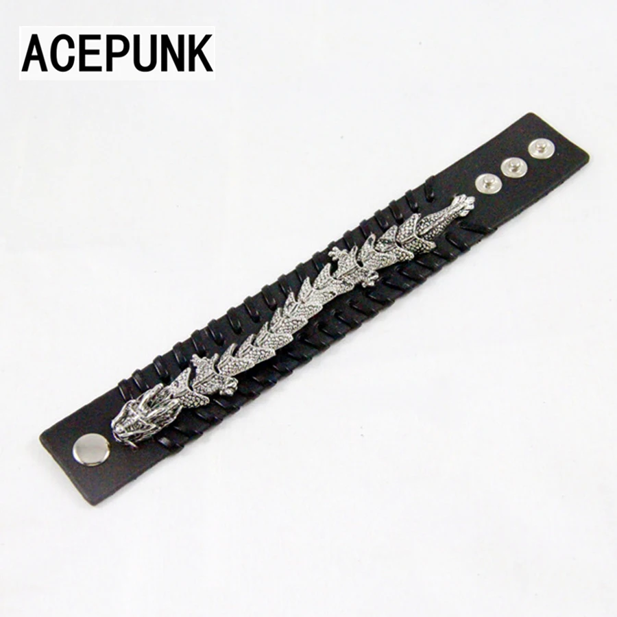 Браслет в стиле панк черный/коричневый широкий кожаный браслет с драконом