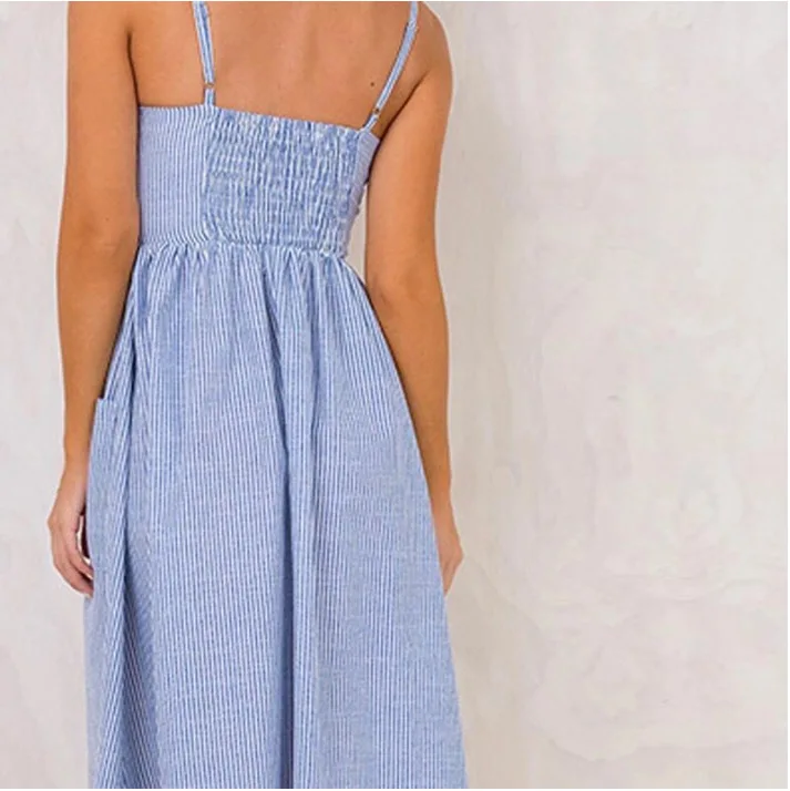 BKLD Elegant Stripe Button Sexy Casual Summer Strap Dress Beach Pockets Women Sundress Vestidos Daily Female Knee-Length Dresses | Женская