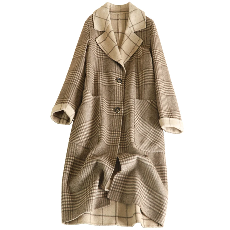 

100% Wool Srping Coats Double-sided Woolen Overcoat Winter 2018 New Wide-waisted Single Breasted V-neck Women Plaid Wool Coat