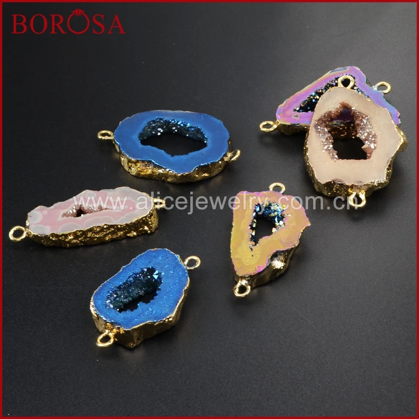 BOROS 10 шт. Золотая радужная кулон из титана Agates Druzy Slice Коннектор с двойным