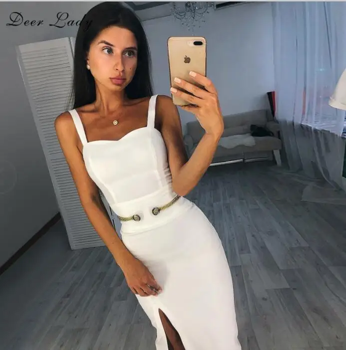 white Женское Бандажное платье с оленем, зима, Новое поступление, белое Бандажное платье на бретельках, v-образный вырез, на бретельках, Бандажное платье, бодикон, миди, Wom - Цвет: white
