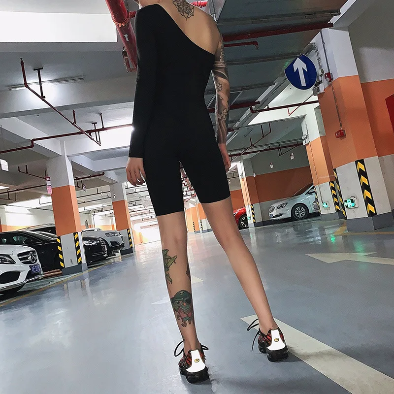 Shiny Neon Orange One Shoulder Reflective Playsuit Women Sexy Long Sleeve Rompers Short Jumpsuit Black Green | Женская одежда