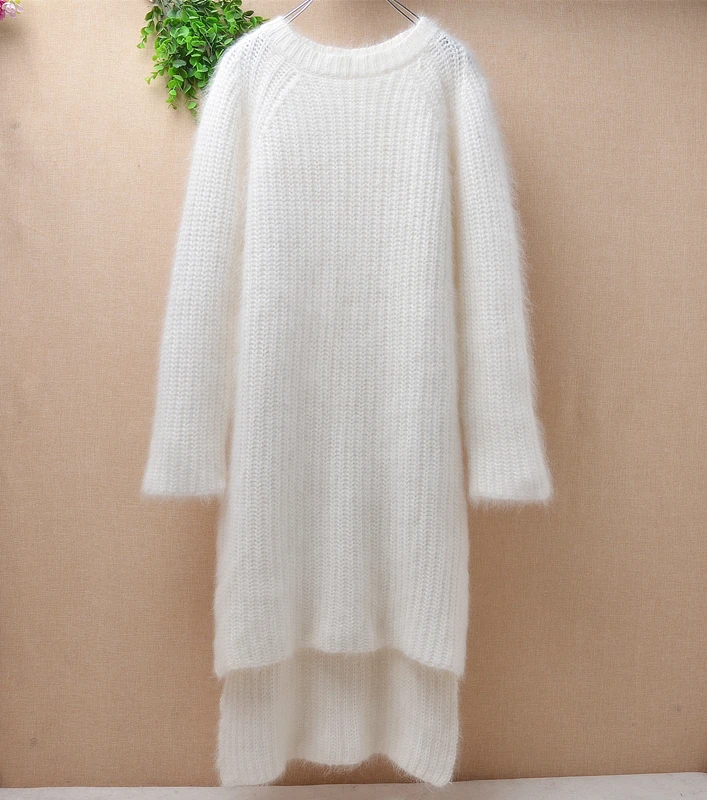 Elegant fashion women winter white long small size slim plush angora rabbit fur o-neck sleeves pullover sweater knit dress | Женская