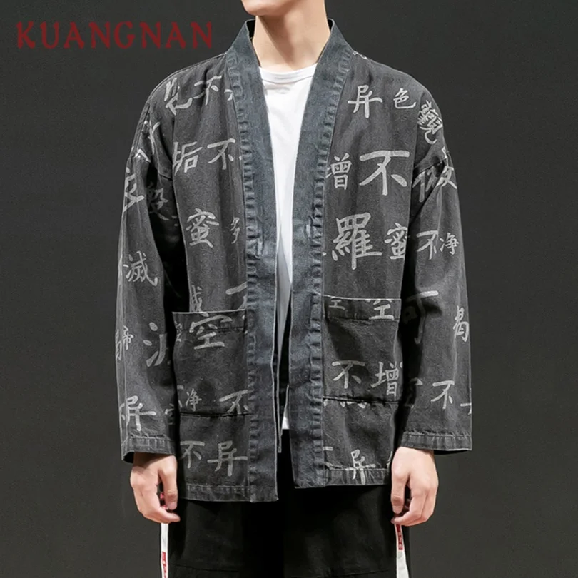 KUANGNAN, китайский стиль, кимоно, куртка, пальто, уличная, джинсовая куртка, Мужская, хип-хоп, джинсовая куртка, Мужская, черная, кимоно, кардиган, Весна