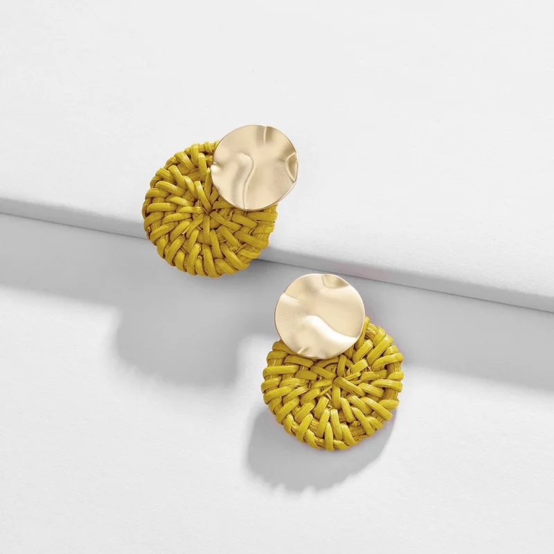 Модные ювелирные изделия крашеные круглые вязаные серьги гвоздики из ротанга