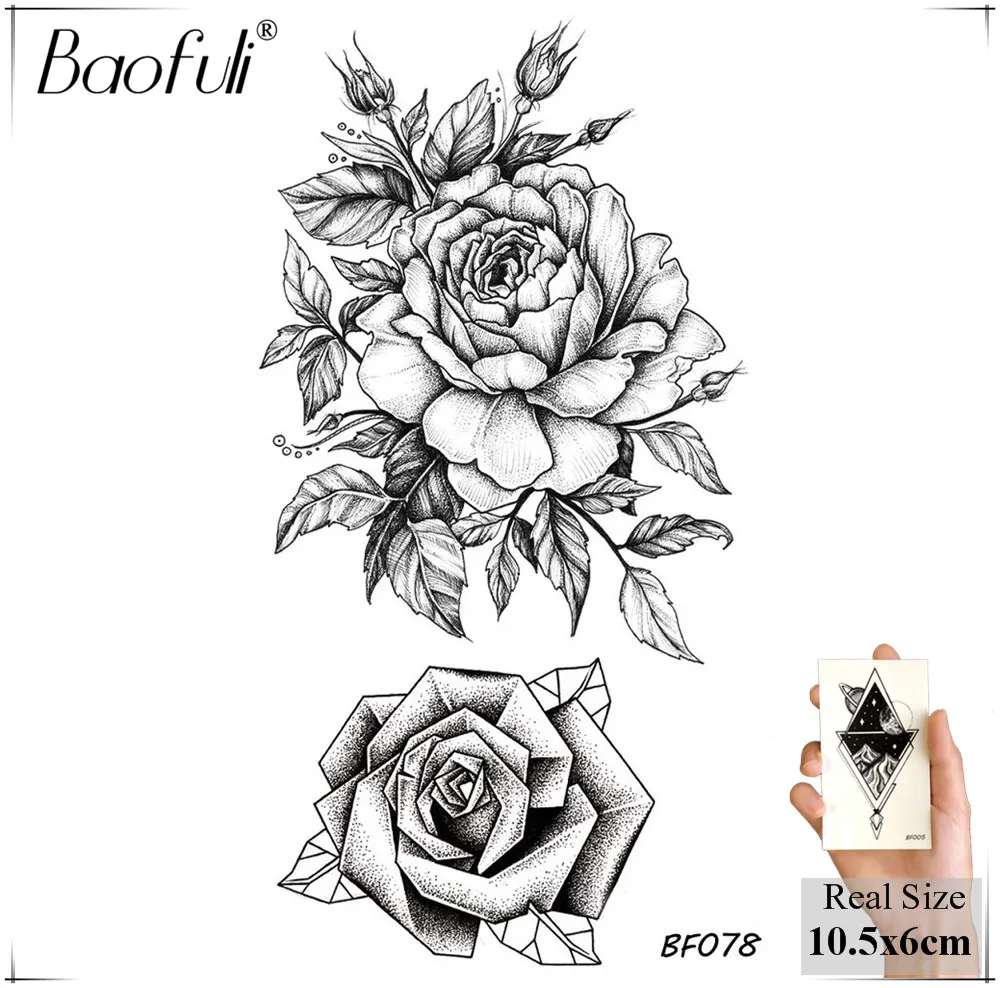 BAOFULI Lifelike Flowers Temporary Tattoo Stickers Black Water Transfer Fake Tatoos Women Body Art DIY Neck Arms Legs |