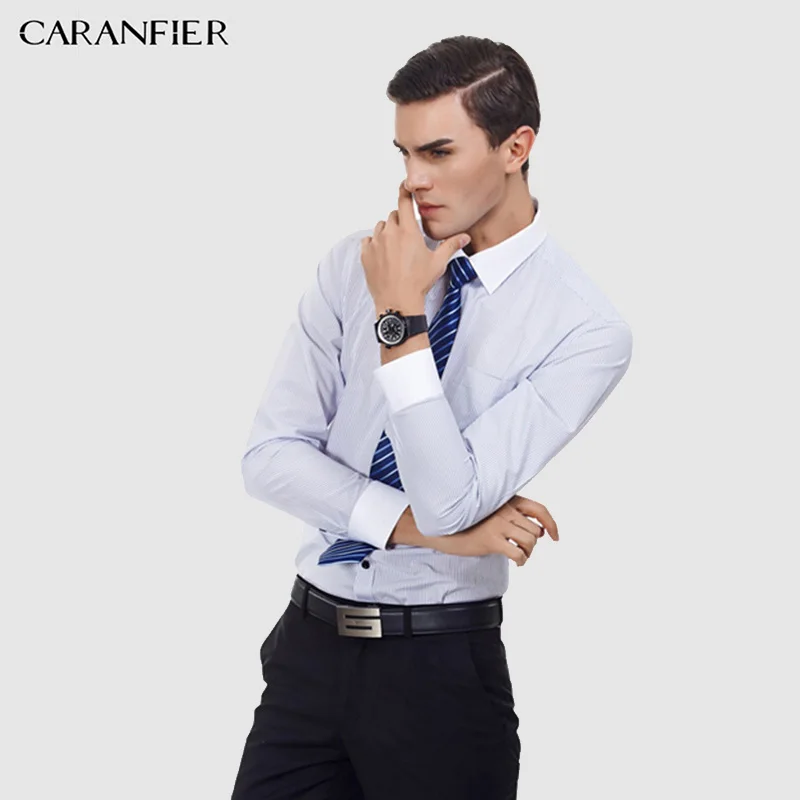 

CARANFIER 2018 Spring Men Shirt Long-sleeve Plus Size Men Vertical stripes Shirt Male Business Collar Shirt Men Clothes XXS-7XL