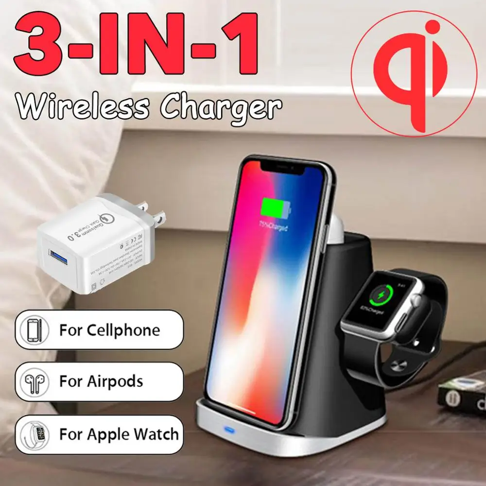 with plug XINGDUO 3 в 1 Qi Беспроводной Зарядное устройство Pad для Airpod for Apple Watch 2/3/4 Быстрая зарядная станция для iphone XR для samsung S10E PLU - Тип штекера: with plug