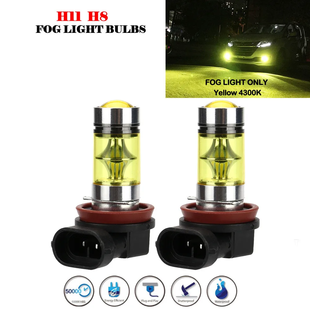 2X H11 H8 100W LED 4300K YELLOW 2323 Projector Fog Driving Light Bulbs For toyota corolla 2008 corolla avensis t25 auris CB