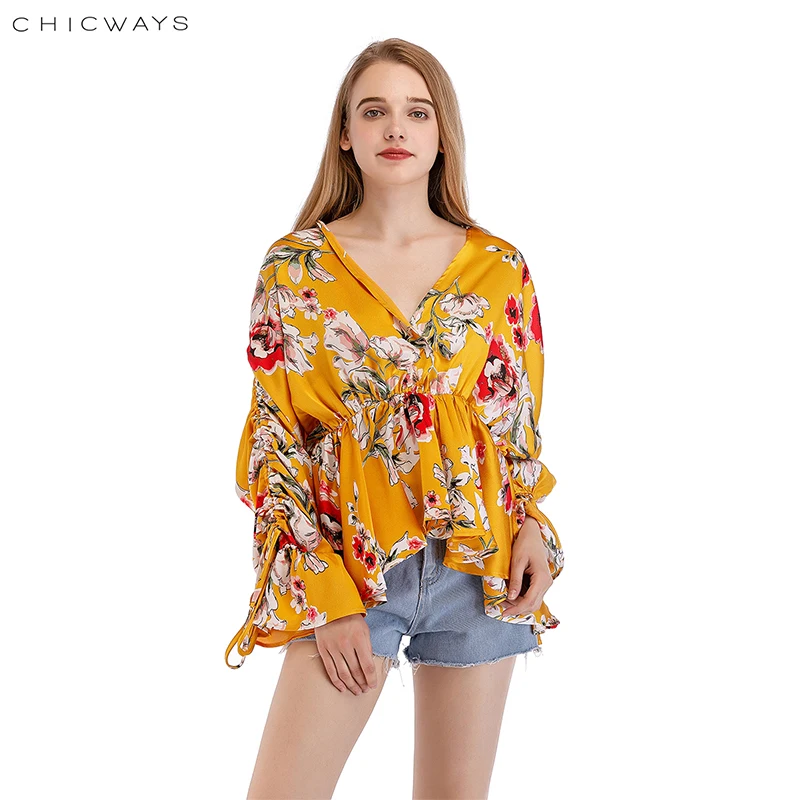 CHICWAYS Мода печати шелковые Сатиновые блузки свободные для женщин V шеи Ruched Drawstring