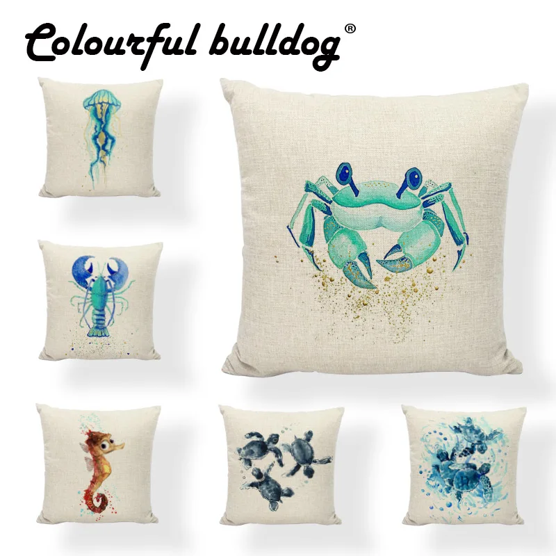 Наволочка для подушки Серия океан акварель прибрежная Осьминог Медуза Краб 45*45