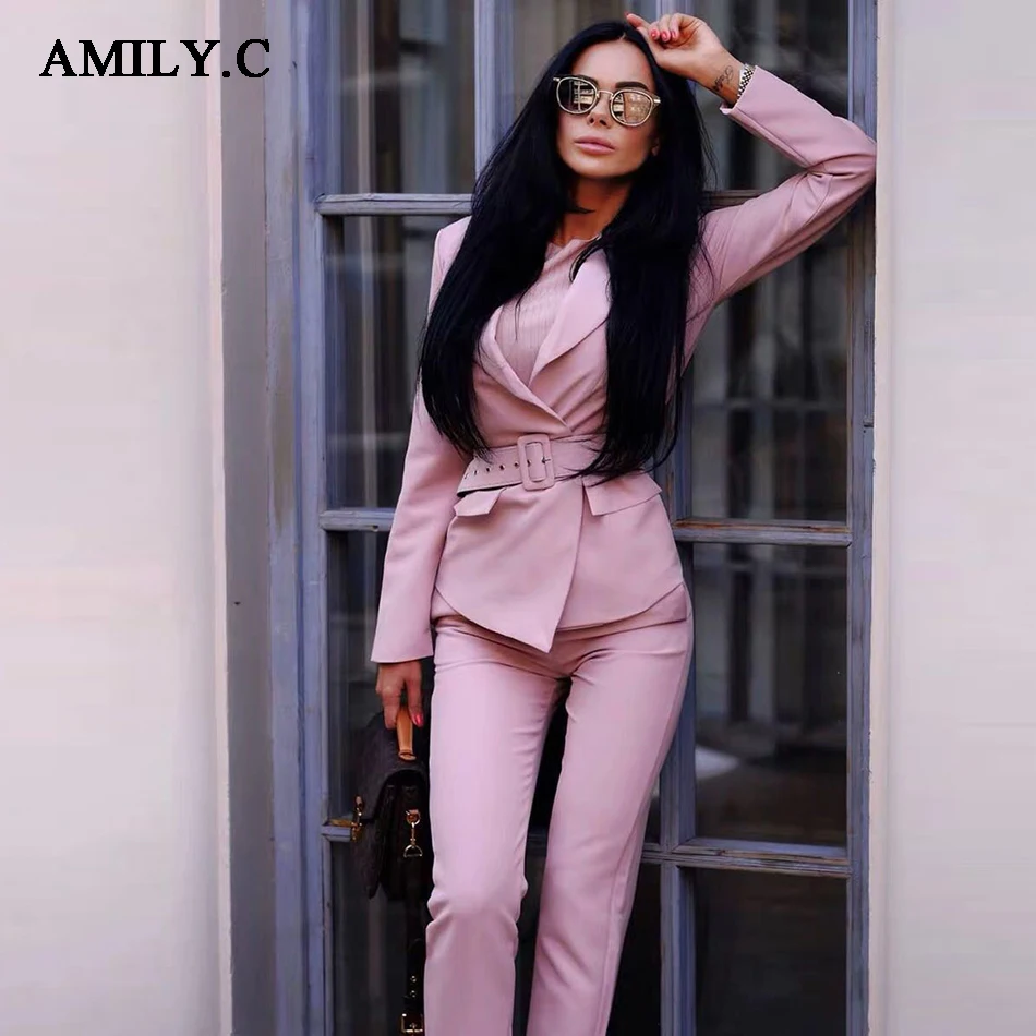 Amily.c 2019 new women's jacket belt V-neck 2 two-piece suit New Temperament fashion slim overalls piece | Женская одежда
