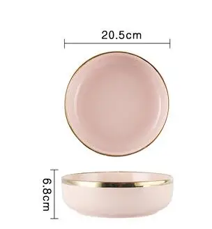 8 inch bowl pink Роскошный керамический набор посуды однотонного темно-синего или розового цвета: обеденная тарелка+ тарелка с акцентом+ миски+ ложка золотого цвета - Цвет: 8 inch bowl pink
