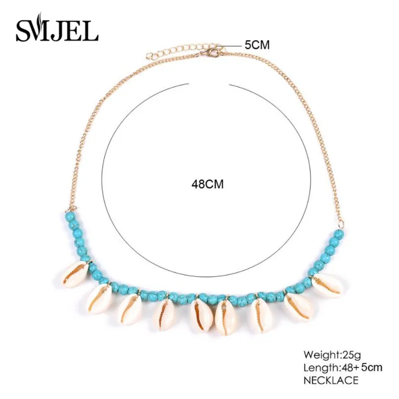 SMJEL Boho Seashell колье для женщин в виде раковины, колье, раковины, раковины, зеленый камень, бисер, Золотая цепочка, ожерелье, ювелирное изделие, бижутерия