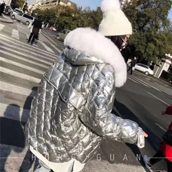silver Chaqueta mujer, 90% белый утиный пух, пальто, зимняя женская одежда, шапка, куртка корейского размера плюс, с капюшоном, с натуральным лисьим мехом, парка - Цвет: silver