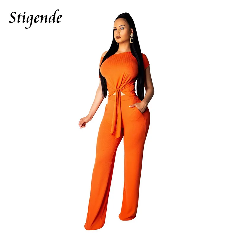 Стильный ребристый бандажный комплект из 2 предметов с коротким рукавом женский