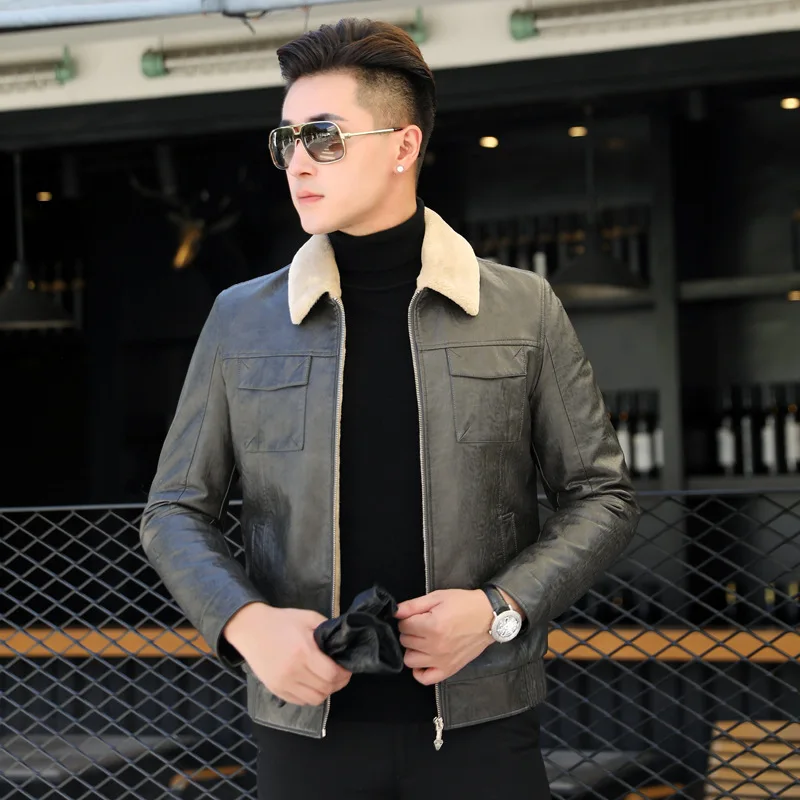

Winter new men's leather jacket thickened casual coat young man