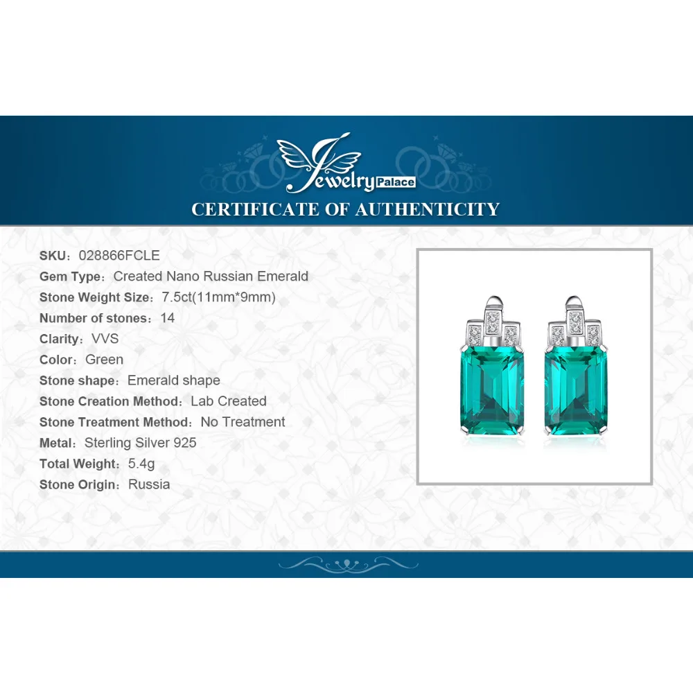 JewelryPalace Роскошные 7.6ct зеленый Nano России создана изумрудов чистый 925 пробы серебро