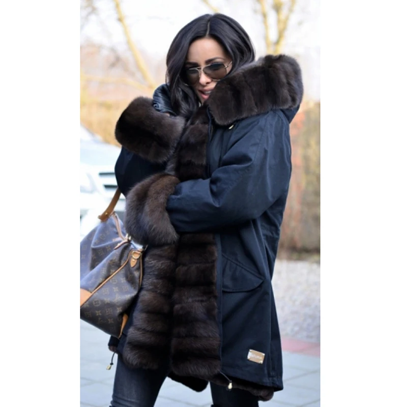 Tatyana Furclub New Winter Women Parkas With Natural Fox Fur Collar Thick Warm Coat Black Long Fur Jacket Casual Parka Outwear