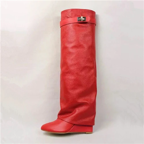 red litchi grain 1 Buono Scarpe/женские ботинки черного цвета с замочком акулы; ботинки из натуральной кожи с высоким голенищем; брендовые дизайнерские ботинки на танкетке и высоком каблуке; Botas Mujer; шикарные ботинки; коллекция года - Цвет: red litchi grain 1
