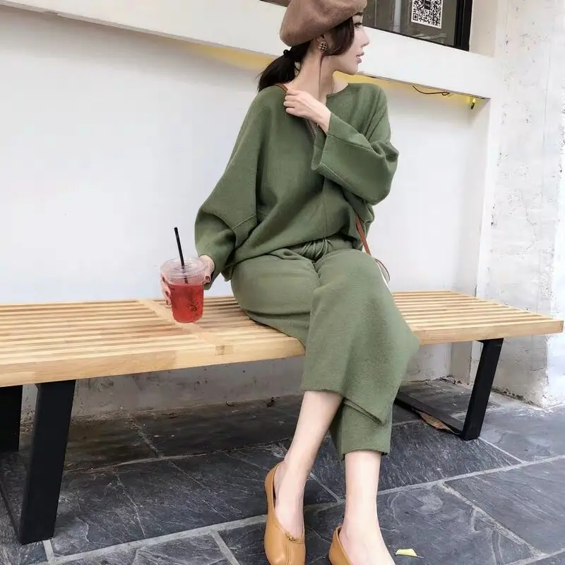 Вязаный женский Повседневный свободный свитер с v-образным вырезом комплект из