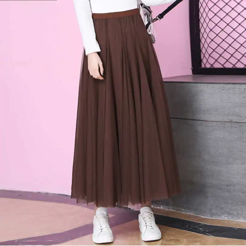 Gray Black Long Tulle Skirt Women Jupe Femme Maxi High Waist Elegant Saias Spring Summer Mesh Pleated Falda C4611 | Женская одежда