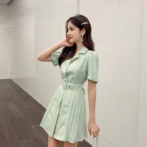 Корейское летнее зеленое Плиссированное короткое платье в клетку женская модная