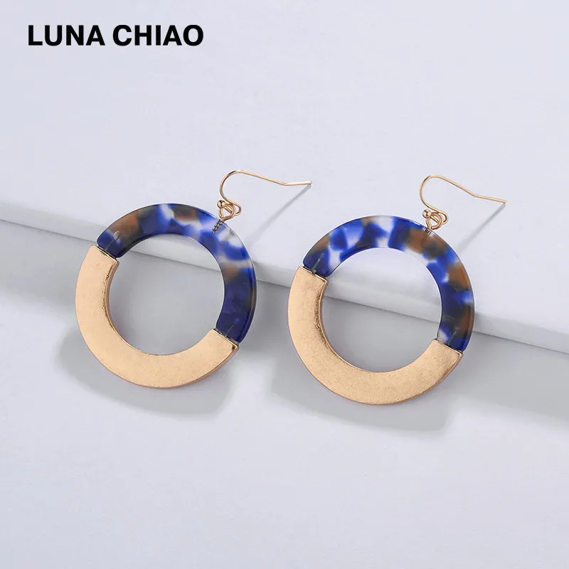 Blue LUNA Чао Новое поступление полукруглые разноцветные плоские с носить золотого цвета с металлической рамкой под круглый акрил Lucite Мода Висячие серьги женские серьги-подвески - Окраска металла: Blue