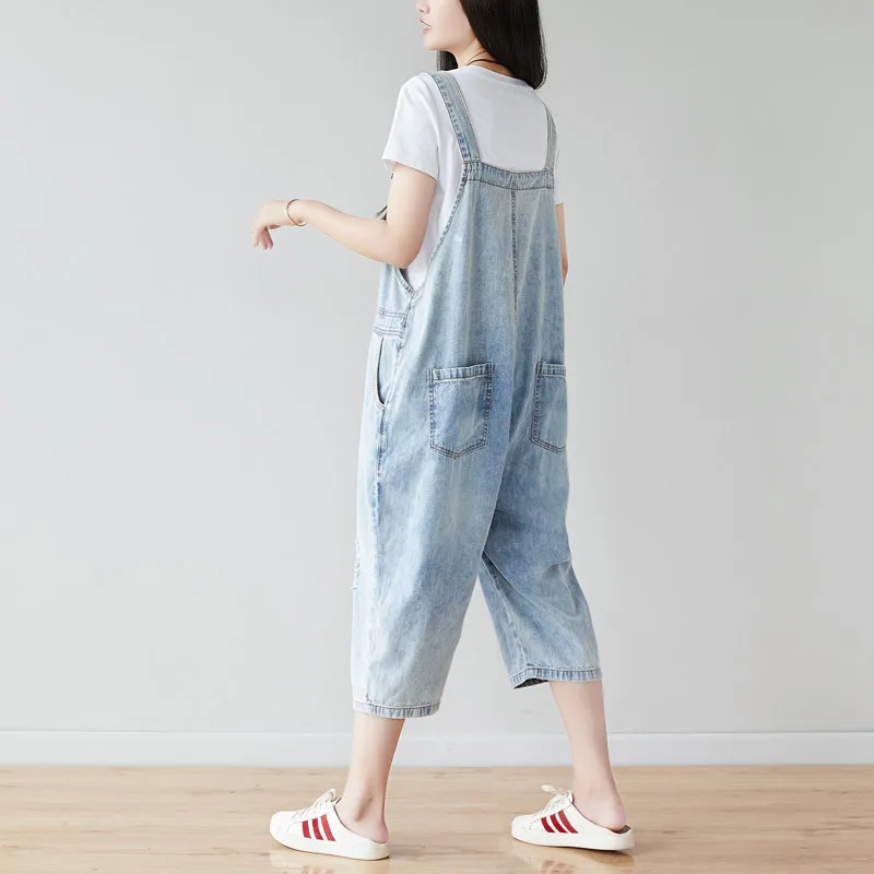 

Women Korean Version Loose Hole Retro Jeans Thin Wide Leg Pants Nine Points Personality Bib Jumpsuits
