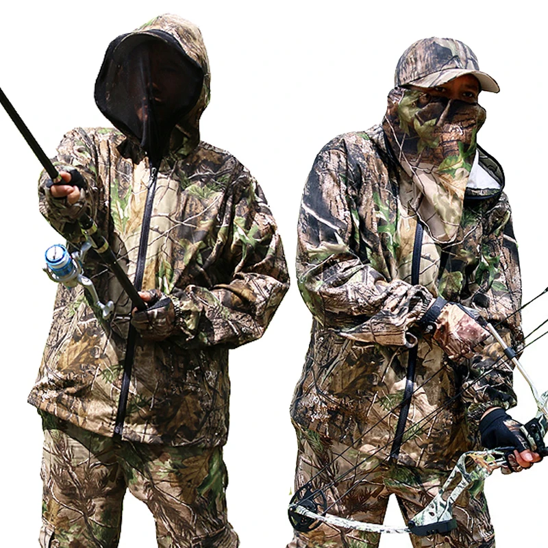 Men'S Cotton Scratch-Resistant Bionic Camouflage Hunting Suits Anti-Mosquito Fishing Suit Dead Leaf Hunting Clothes Jacket Pants