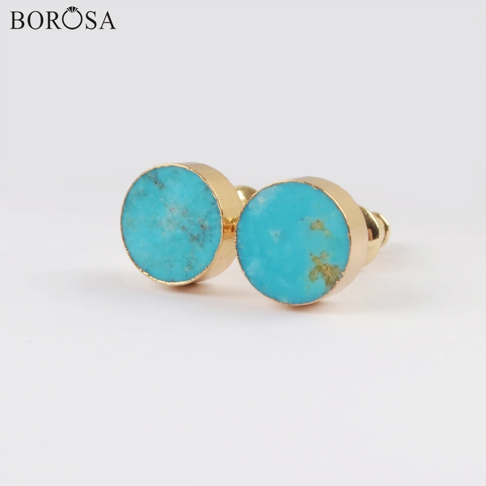 BOROSA 8 мм круглые золотые цвета натуральная бирюза серьги гвоздики синие | Серьги-гвоздики -33053034467
