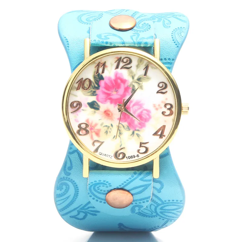 Новый 2015 Мода ЖЕНЕВА Старинные Пион Цветок Часы Женщины Кожа Кварцевые Платье