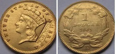 

Золотые монеты 1 доллар США 1861-D