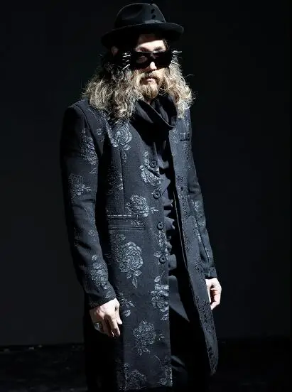 

2020 fashion slim long coat men's collar jacquard casual suit Japanese personality rose shirt singer costume XXL