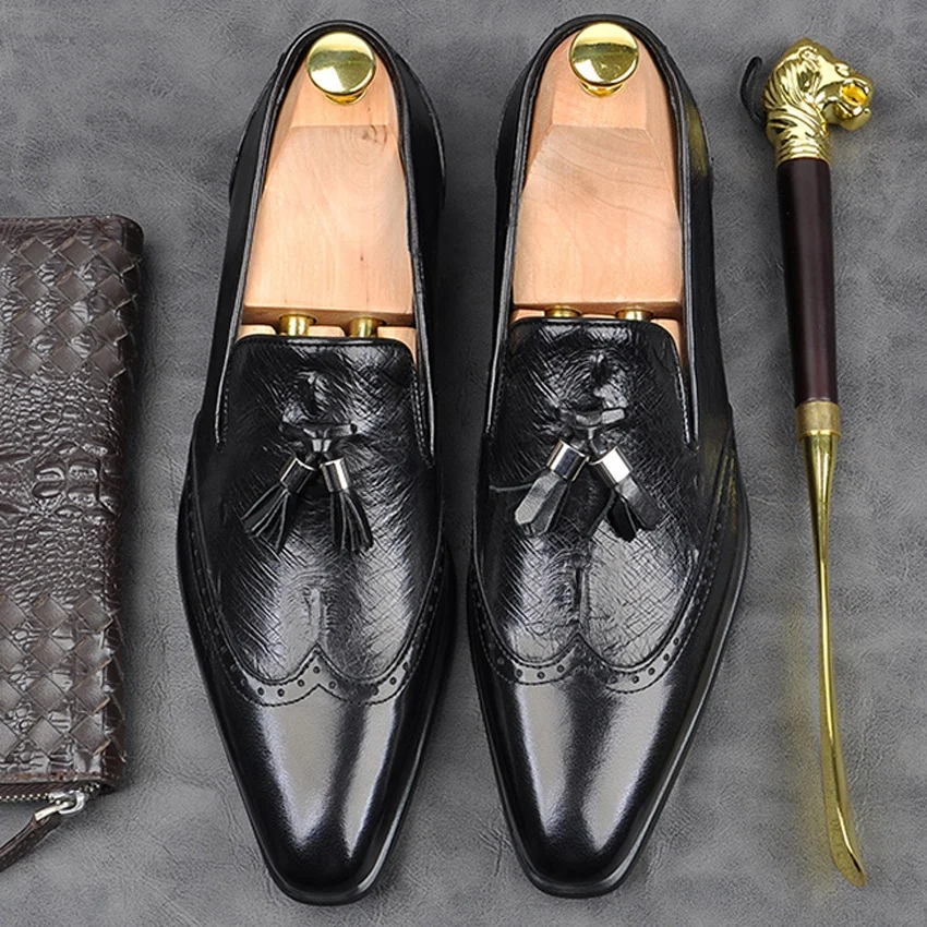 

Italian Design Genuine Leather Formal Dress Wingtip Brogues Shoes Pointed Toe Slip on Men's Retro Office Loafers For Male AM169