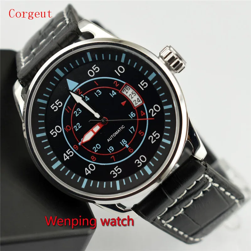 

Corgeut 44mm Black Dial Steel Case Automatic Movement Men Date Watch W2206