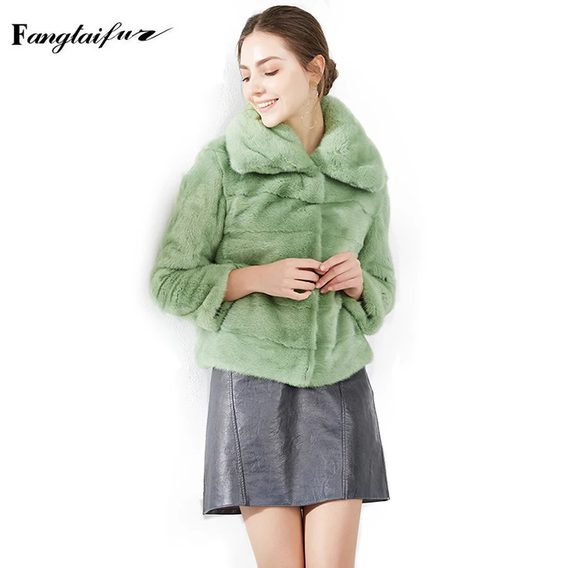 

Ftangaiur Winter Import Velvet Mink Coat Turn-Down Collar Full Sleeve Mink Coats Women's Short Slim Real Mink Fur Coats