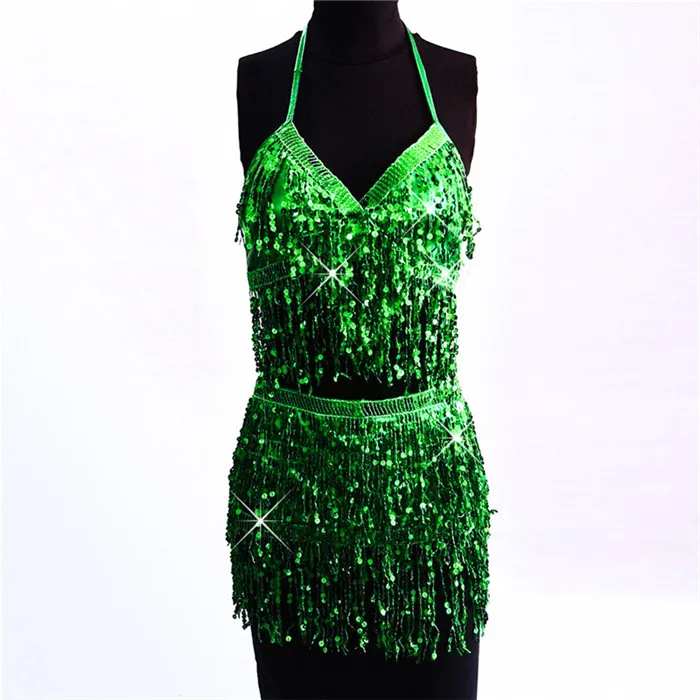Green 2 Pcs Set AKYZO Сексуальные Блестки драпированные детали 2 шт. Юбки наборы Блестящий женский шнурок 2 шт. пляжный фестиваль Клубная одежда укороченный топ - Цвет: Green 2 Pcs Set