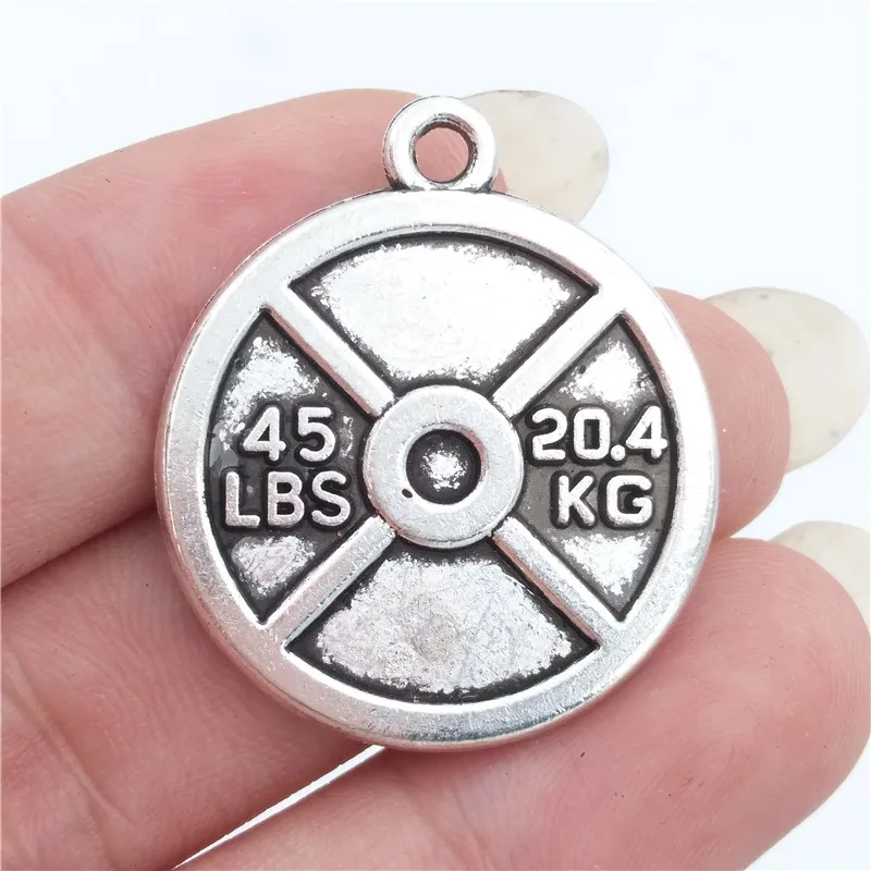 BULK 30 Zinc Alloy Metal 45lbs Weight Plate Charms Antique Silver Plated Crossfit Weightlifting Pendant 24*28mm 4.4g