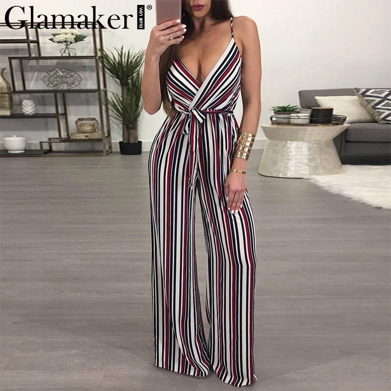 Женский полосатый комбинезон Glamaker летний длинный с глубоким v образным вырезом