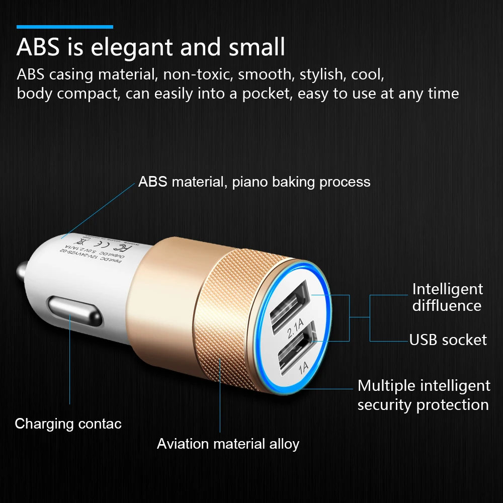 Aluminum Car Phone Charger 2 Port Mini Dual USB Adapter plug fast Charging for iPhone Samsung Xiaomi LG android ipad | Мобильные