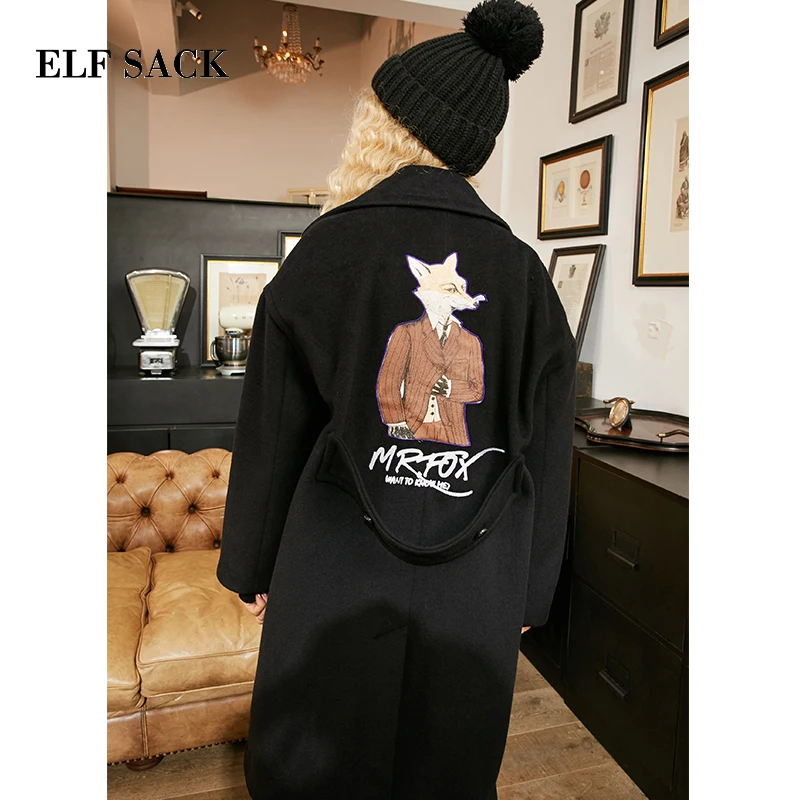 Женское шерстяное пальто ELFSACK коричневое повседневное с широкими лацканами