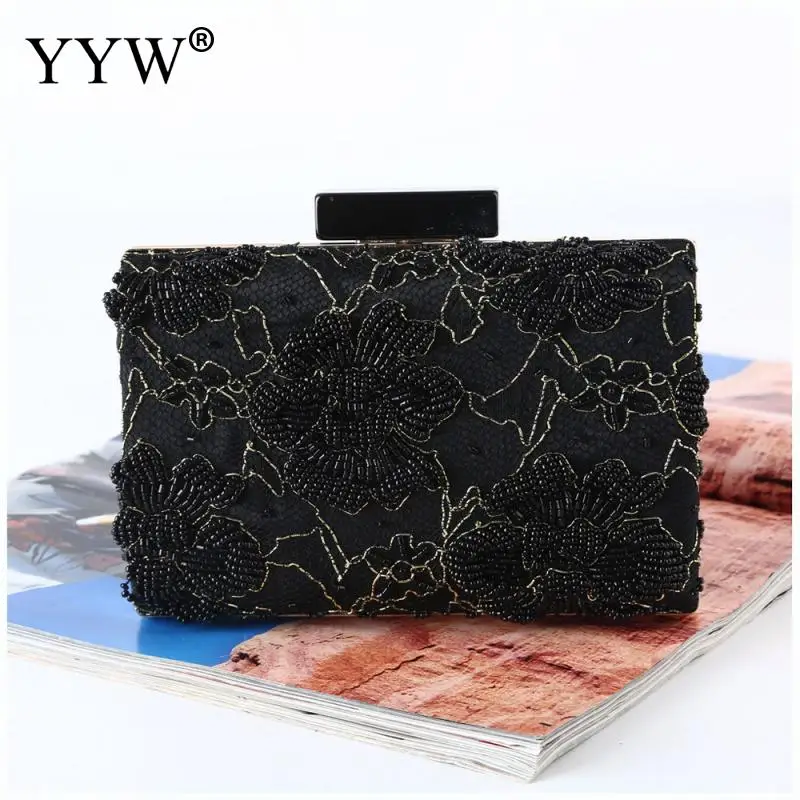 

Vintage Embroidery Bags For Women Chic Beading Clutch Elegant Handbags Women Bags Black Flower Evening Clutches Purse Handbag