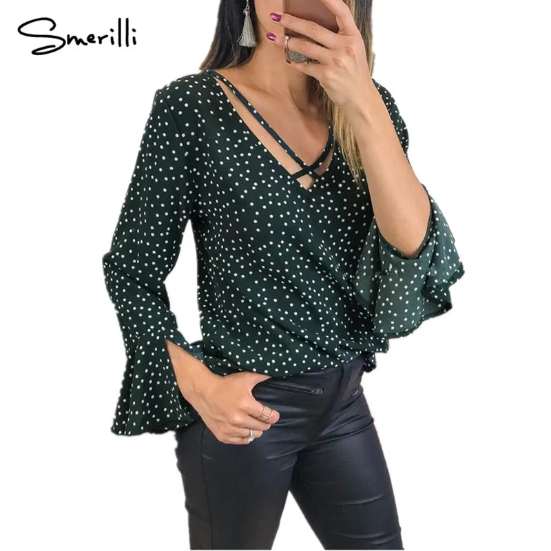 Big V-neck Dot Print Blouse Women Autumn Chiffon Flare Sleeves Blouses Long Puff Female Shirts Elegant Tops Women's Wear |